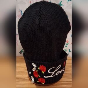 Y2K Betsey Johnson Black Knit Love & Roses Floral Bling Casual Winter Beanie Hat